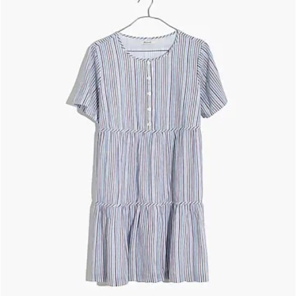 Madewell Striped Crewneck Button-Front Tiered Mini Dress
